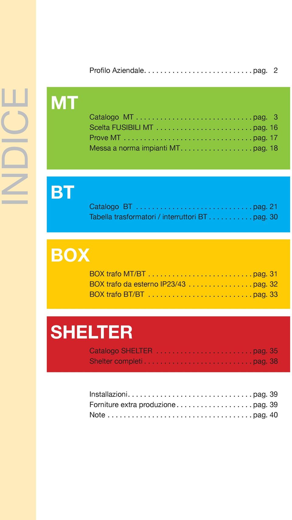 .. pag. 32 BOX trafo BT/BT... pag. 33 SHELTER Catalogo SHELTER... pag. 35 Shelter completi... pag. 38 Installazioni.