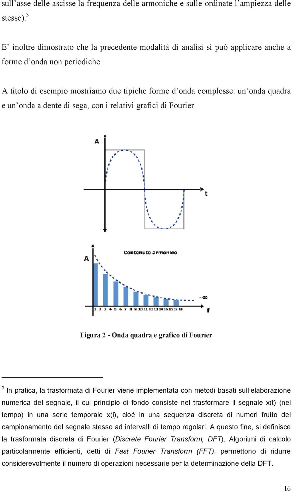 A titolo di esempio mostriamo due tipiche forme d onda complesse: un onda quadra e un onda a dente di sega, con i relativi grafici di Fourier.