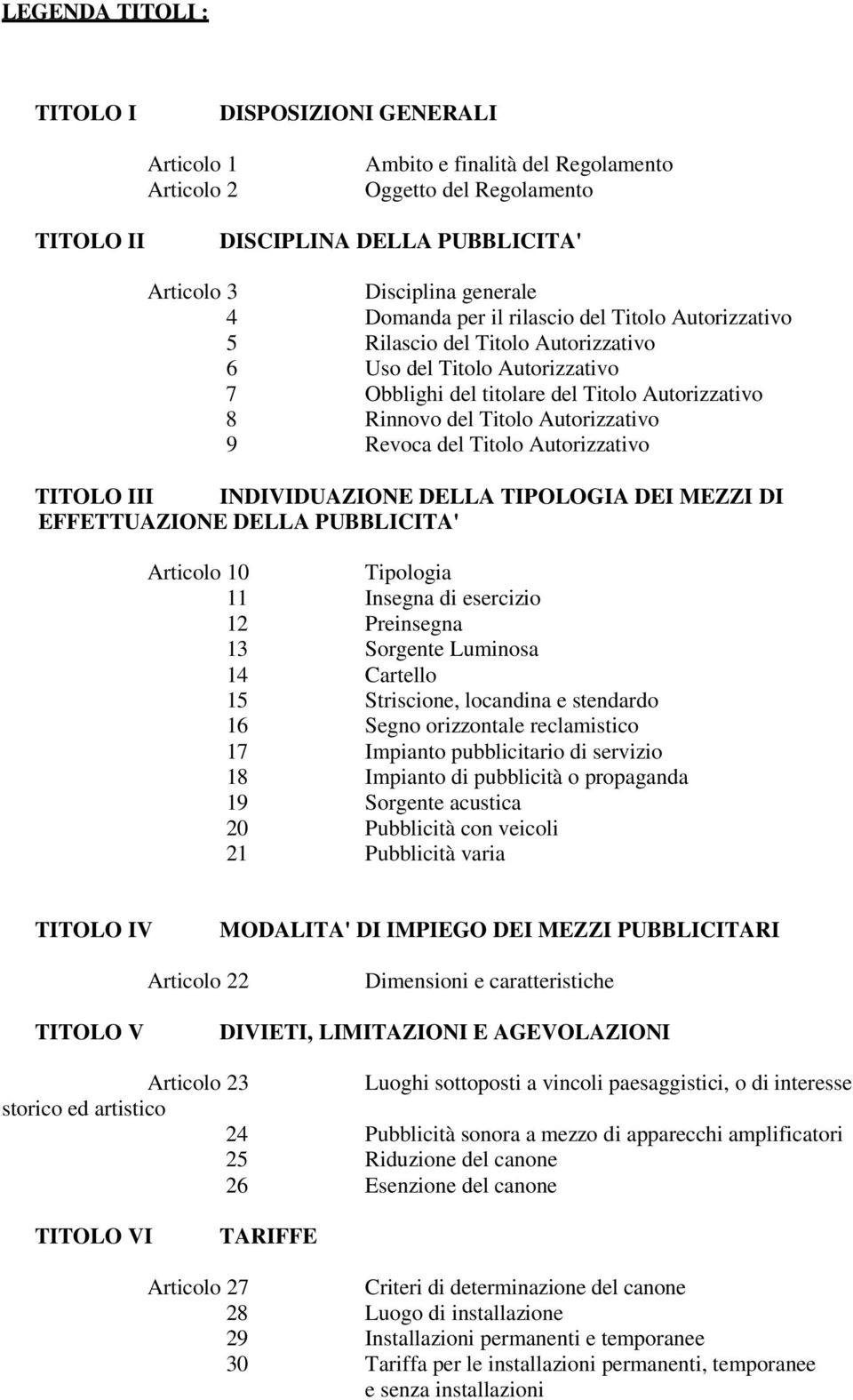 9 Revoca del Titolo Autorizzativo TITOLO III INDIVIDUAZIONE DELLA TIPOLOGIA DEI MEZZI DI EFFETTUAZIONE DELLA PUBBLICITA' Articolo 10 Tipologia 11 Insegna di esercizio 12 Preinsegna 13 Sorgente