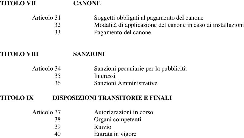 Sanzioni pecuniarie per la pubblicità 35 Interessi 36 Sanzioni Amministrative TITOLO IX DISPOSIZIONI