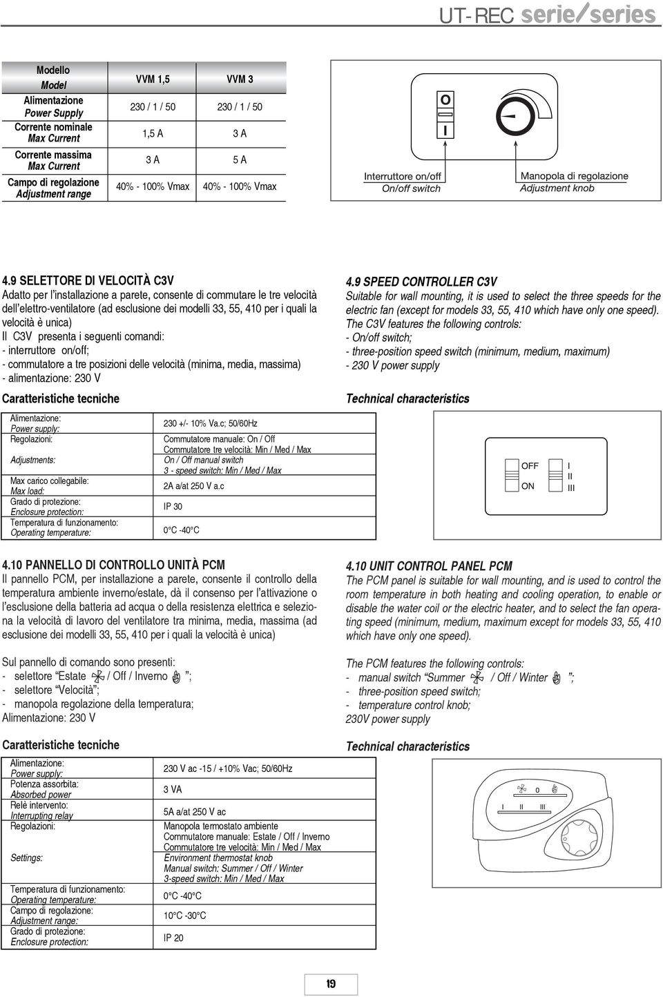 9 SELETTORE DI VELOCITÀ C3V Adatto per l installazione a parete, consente di commutare le tre velocità dell elettro-ventilatore (ad esclusione dei modelli 33, 55, 410 per i quali la velocità è unica)