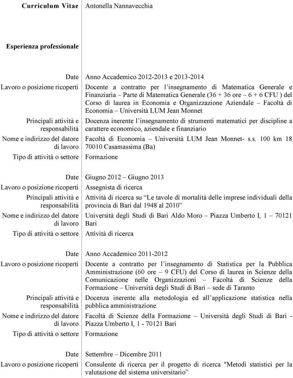 settore Formazione Docenza inerente l insegnamento di strumenti matematici per discipline a carattere economico, aziendale e finanziario Facoltà di Economia Università LUM Jean Monnet- s.s. 100 km 18