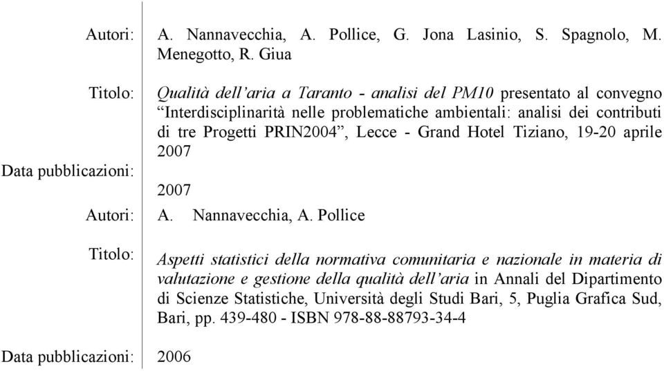 di tre Progetti PRIN2004, Lecce - Grand Hotel Tiziano, 19-20 aprile 2007 2007 A. Nannavecchia, A.