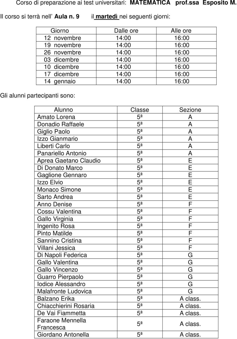 16:00 Amato Lorena 5ª A Donadio Raffaele 5ª A Giglio Paolo 5ª A Izzo Gianmario 5ª A Liberti Carlo 5ª A Panariello Antonio 5ª A Aprea Gaetano Claudio 5ª E Di Donato Marco 5ª E Gaglione Gennaro 5ª E