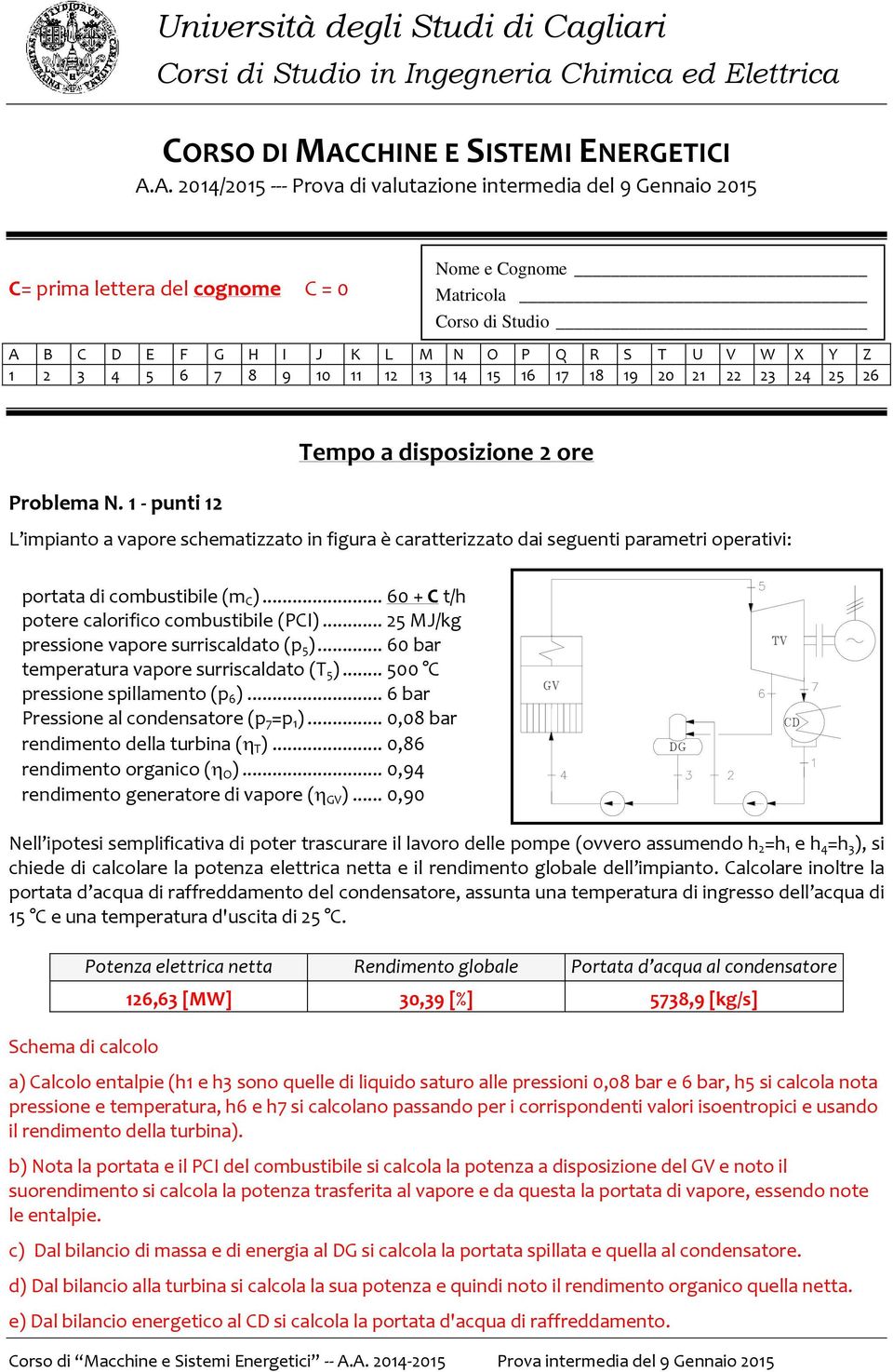 A. 2014/2015 --- Prova di valutazione intermedia del 9 Gennaio 2015 C= prima lettera del cognome C = 0 Nome e Cognome Matricola Corso di Studio A B C D E F G H I J K L M N O P Q R S T U V W X Y Z 1 2