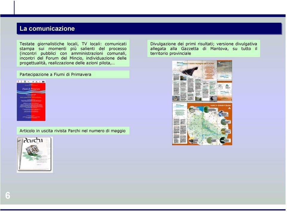 realizzazione delle azioni pilota, Divulgazione dei primi risultati; versione divulgativa allegata alla Gazzetta di