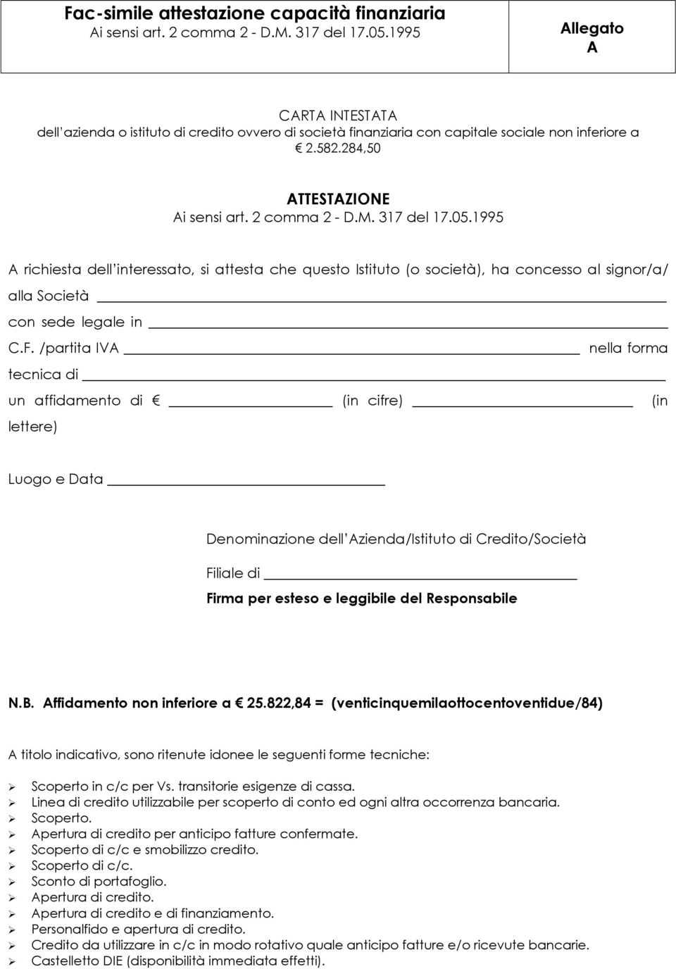 317 del 17.05.1995 A richiesta dell interessato, si attesta che questo Istituto (o società), ha concesso al signor/a/ alla Società con sede legale in C.F.