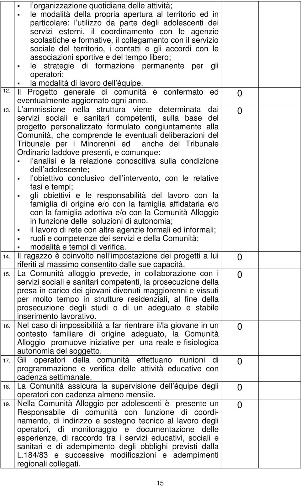 permanente per gli operatori; la modalità di lavoro dell équipe. 12. Il Progetto generale di comunità è confermato ed eventualmente aggiornato ogni anno. 13.