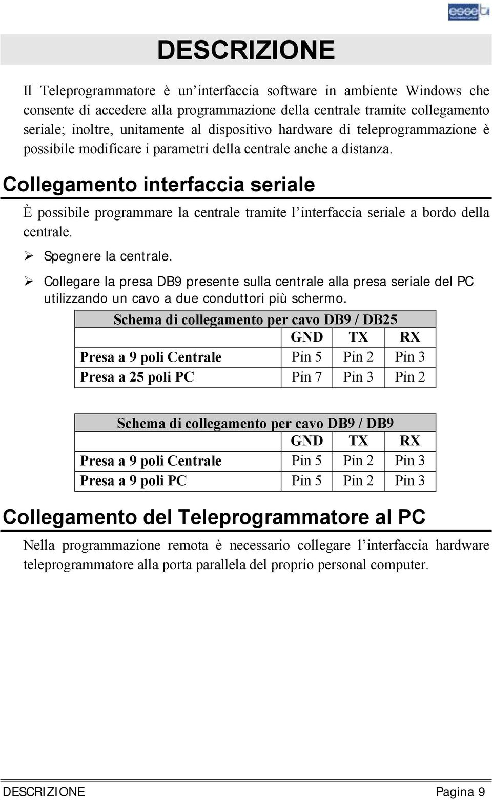 Collegamento interfaccia seriale È possibile programmare la centrale tramite l interfaccia seriale a bordo della centrale.! Spegnere la centrale.