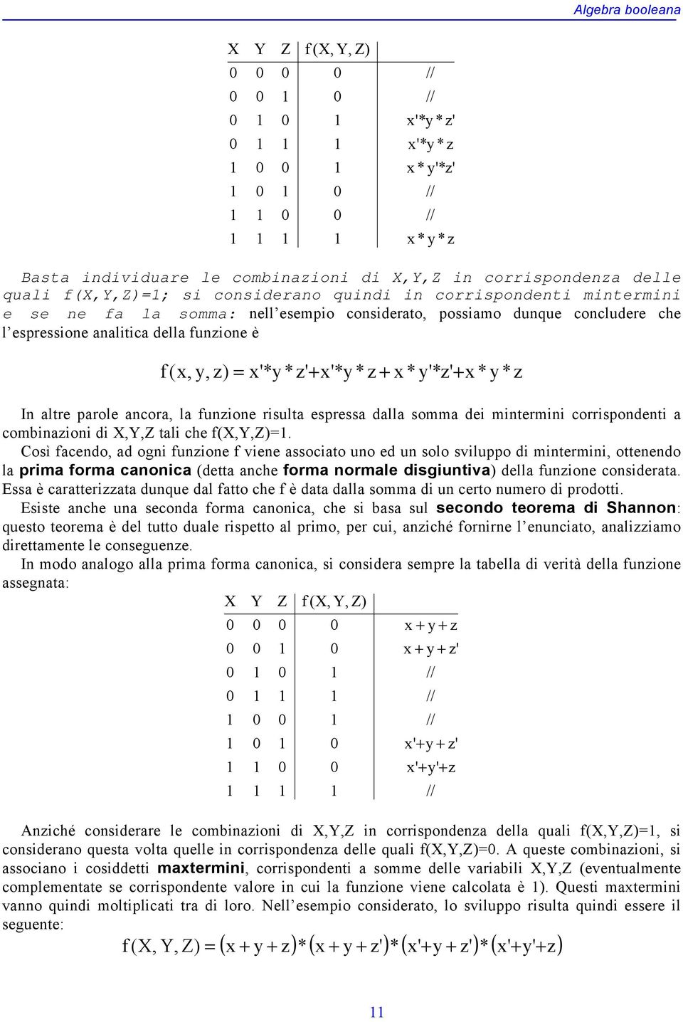 unzione risulta espressa dalla somma dei mintermini corrispondenti a combinazioni di,y,z tali che (,Y,Z)=.