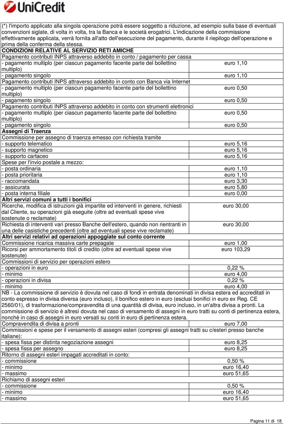 CONDIZIONI RELATIVE AL SERVIZIO RETI AMICHE Pagamento contributi INPS attraverso addebito in conto / pagamento per cassa - pagamento multiplo (per ciascun pagamento facente parte del bollettino euro