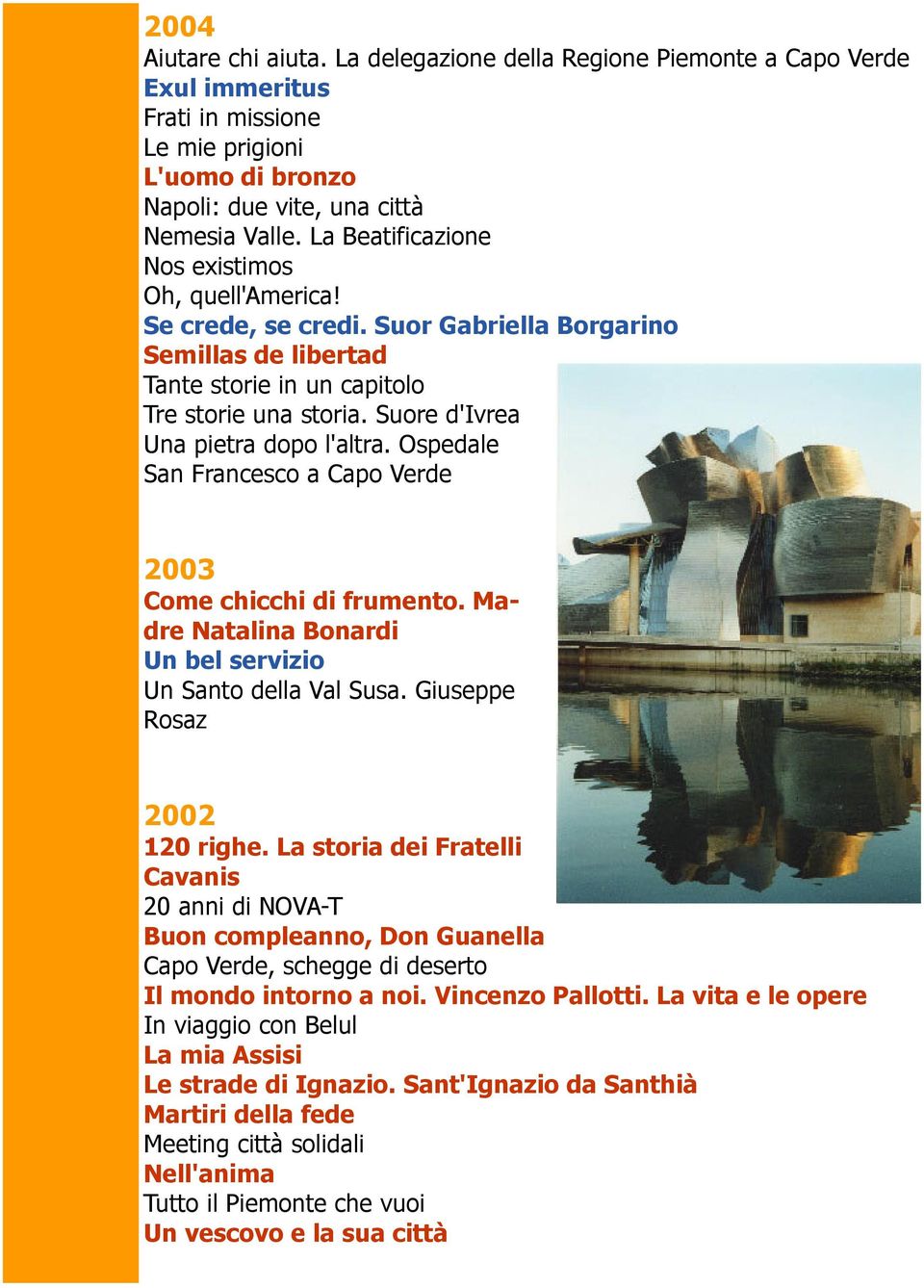 Suore d'ivrea Una pietra dopo l'altra. Ospedale San Francesco a Capo Verde 2003 Come chicchi di frumento. Madre Natalina Bonardi Un bel servizio Un Santo della Val Susa. Giuseppe Rosaz 2002 120 righe.