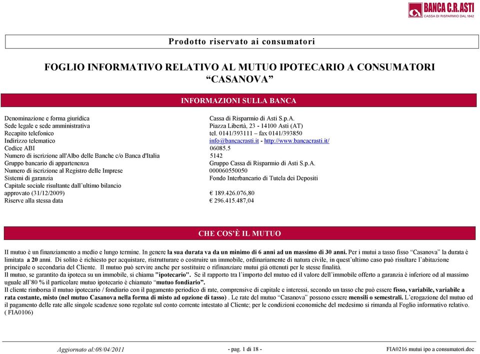 5 Numero di iscrizione all'albo delle Banche c/o Banca d'italia 5142 Gruppo bancario di appartenenza Gruppo Cassa di Risparmio di As