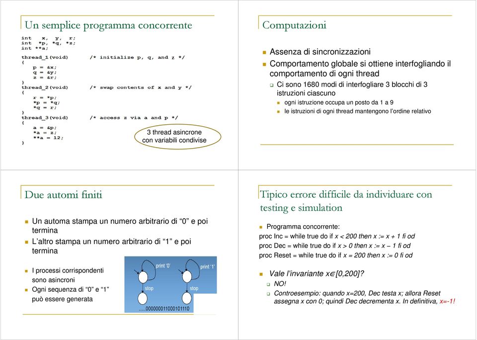 automa stampa un numero arbitrario di 0 e poi termina L altro stampa un numero arbitrario di 1 e poi termina I processi corrispondenti sono asincroni Ogni sequenza di 0 e 1 può essere generata Tipico