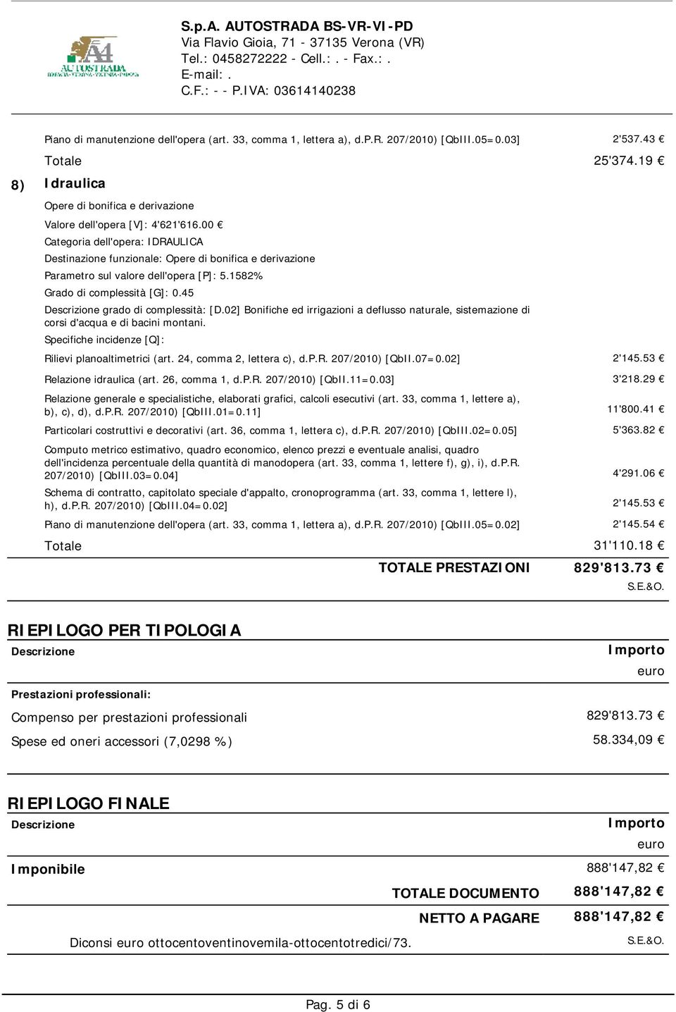 00 Categoria dell'opera: IDRAULICA Destinazione funzionale: Opere di bonifica e derivazione Parametro sul valore dell'opera [P]: 5.1582% Grado di complessità [G]: 0.