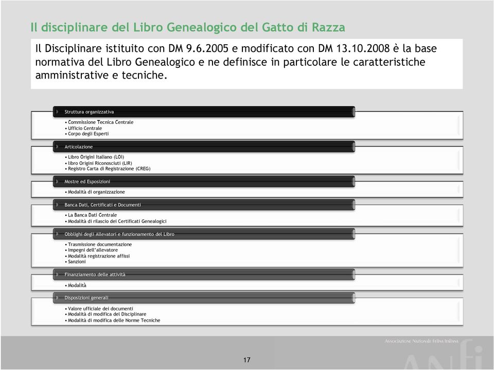 Struttura organizzativa Commissione Tecnica Centrale Ufficio Centrale Corpo degli Esperti Articolazione Libro Origini Italiano (LOI) libro Origini Riconosciuti (LIR) Registro Carta di Registrazione