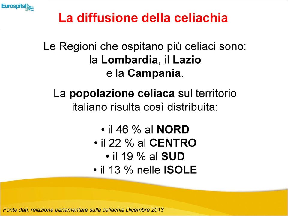 La popolazione celiaca sul territorio italiano risulta così distribuita: il 46