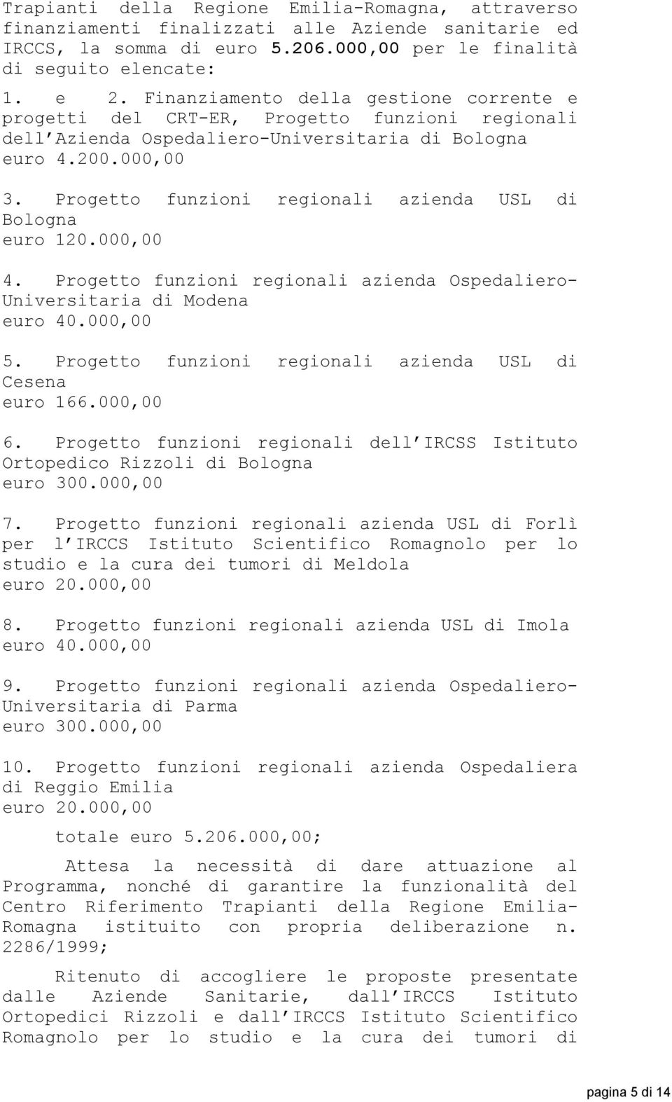 Progetto funzioni regionali azienda USL di Bologna euro 120.000,00 4. Progetto funzioni regionali azienda Ospedaliero- Universitaria di Modena euro 40.000,00 5.