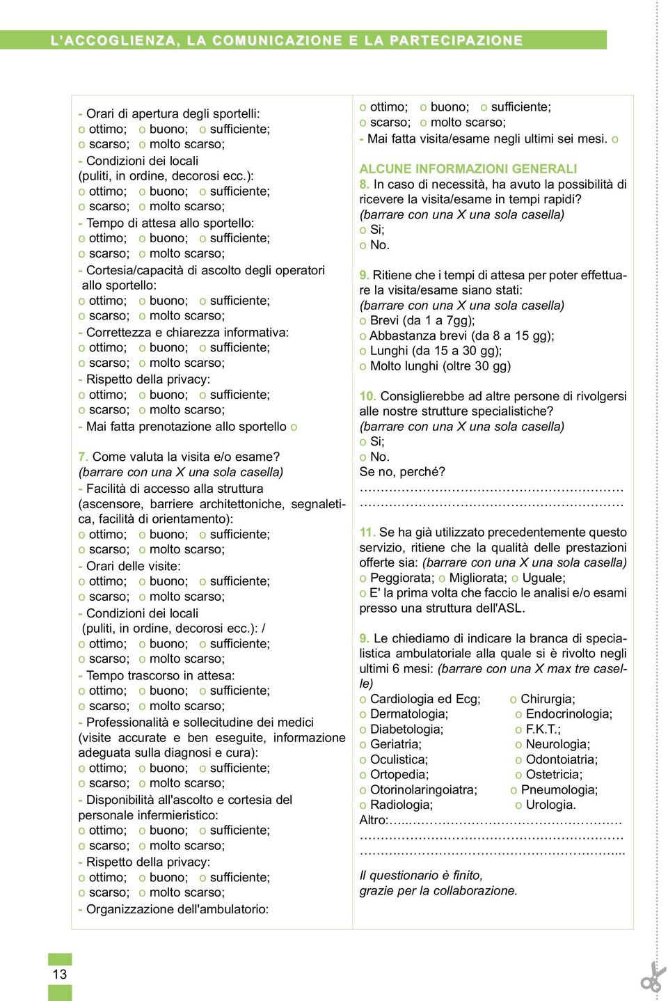 ): o ottimo; o buono; o sufficiente; o scarso; o molto scarso; - Tempo di attesa allo sportello: o ottimo; o buono; o sufficiente; o scarso; o molto scarso; - Cortesia/capacità di ascolto degli