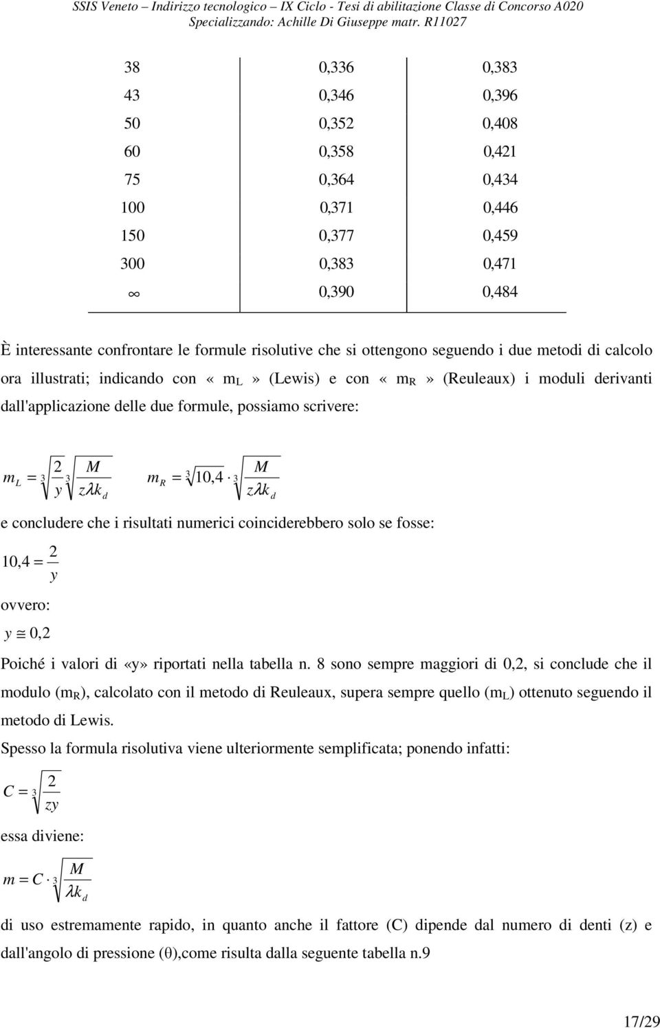 y zλk 3 d M zλk d e concludere che i risultati numerici coinciderebbero solo se fosse: 10,4 = ovvero: y 0, y Poiché i valori di «y» riportati nella tabella n.