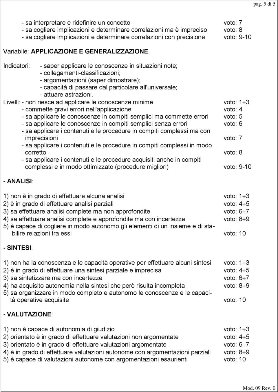 Indicatori: - saper applicare le conoscenze in situazioni note; - collegamenti-classificazioni; - argomentazioni (saper dimostrare); - capacità di passare dal particolare all'universale; - attuare