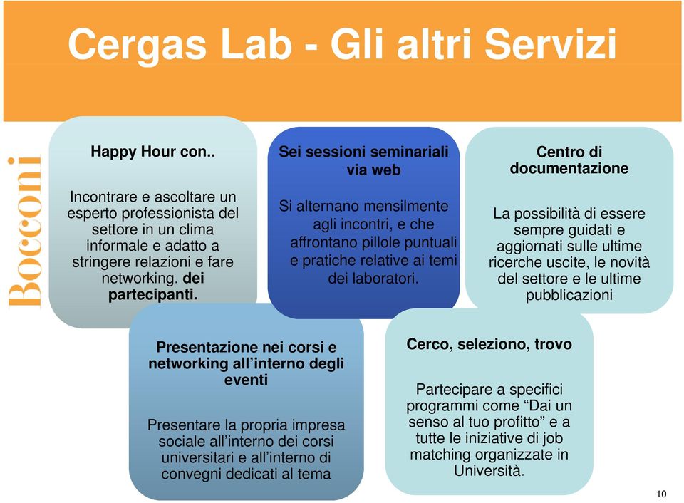 Centro di documentazione La possibilità di essere sempre guidati e aggiornati sulle ultime ricerche uscite, le novità del settore e le ultime pubblicazioni Presentazione nei corsi e networking all