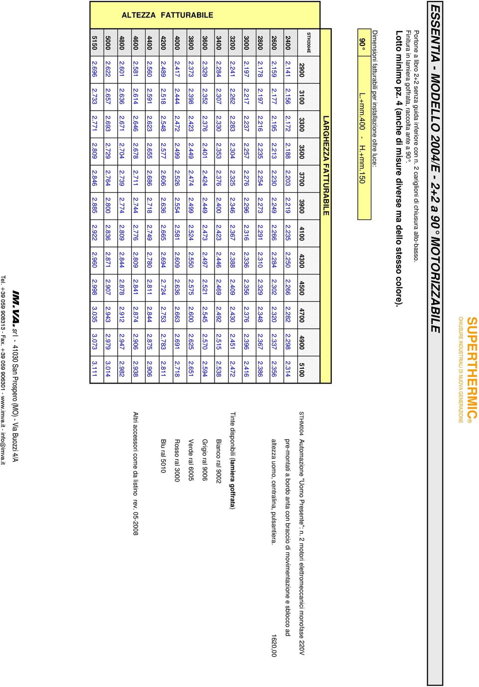400 - H.+mm.150 LARGHEZZA FATTURABILE STH2004E 2900 3100 3300 3500 3700 3900 4100 4300 4500 4700 4900 5100 STHM004 Automazione "Uomo Presente": n. 2 motori elettromeccanici monofase 220V 2400 2.141 2.