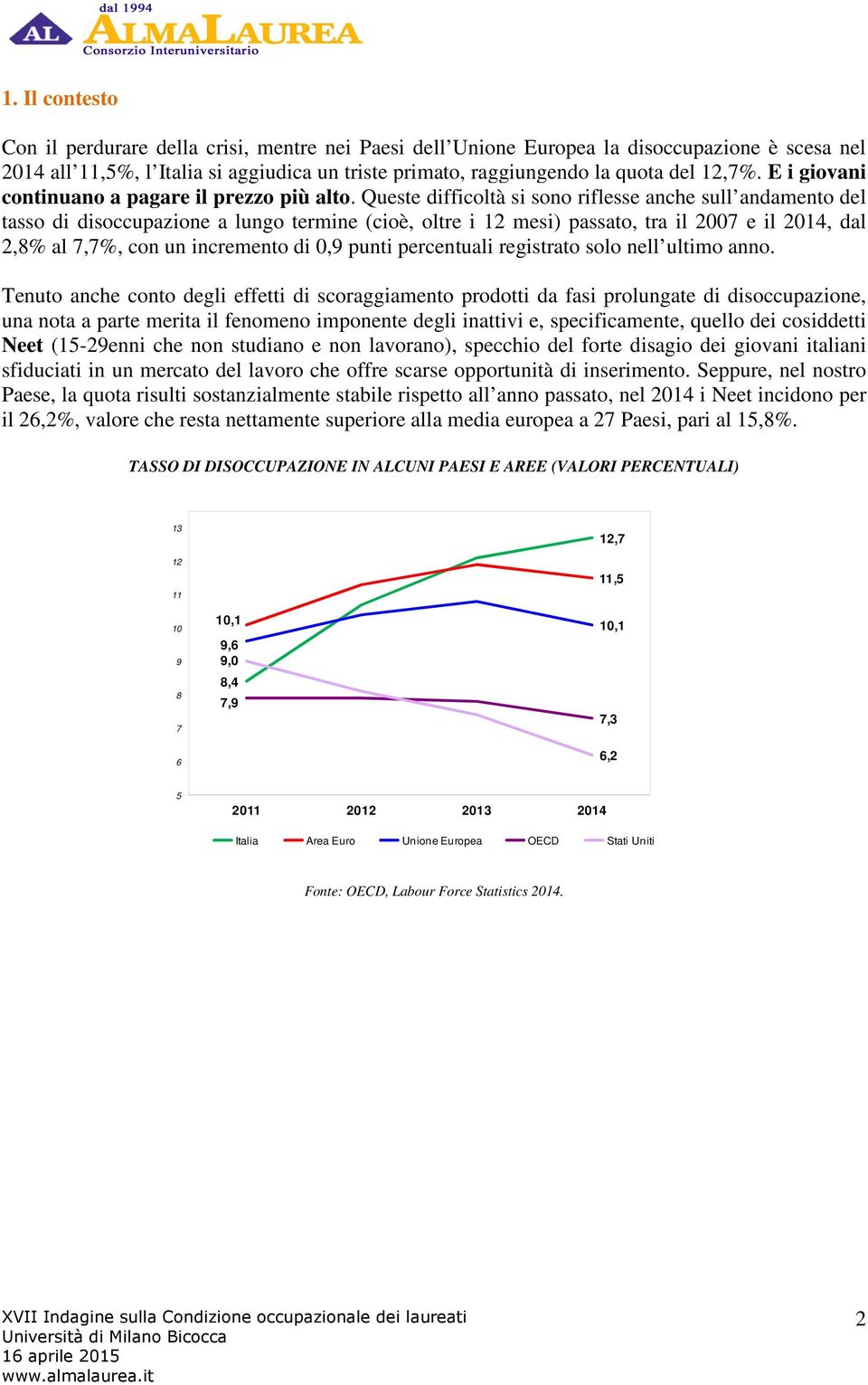 Queste difficoltà si sono riflesse anche sull andamento del tasso di disoccupazione a lungo termine (cioè, oltre i 12 mesi) passato, tra il e il 14, dal 2,% al 7,7%, con un incremento di 0,9 punti