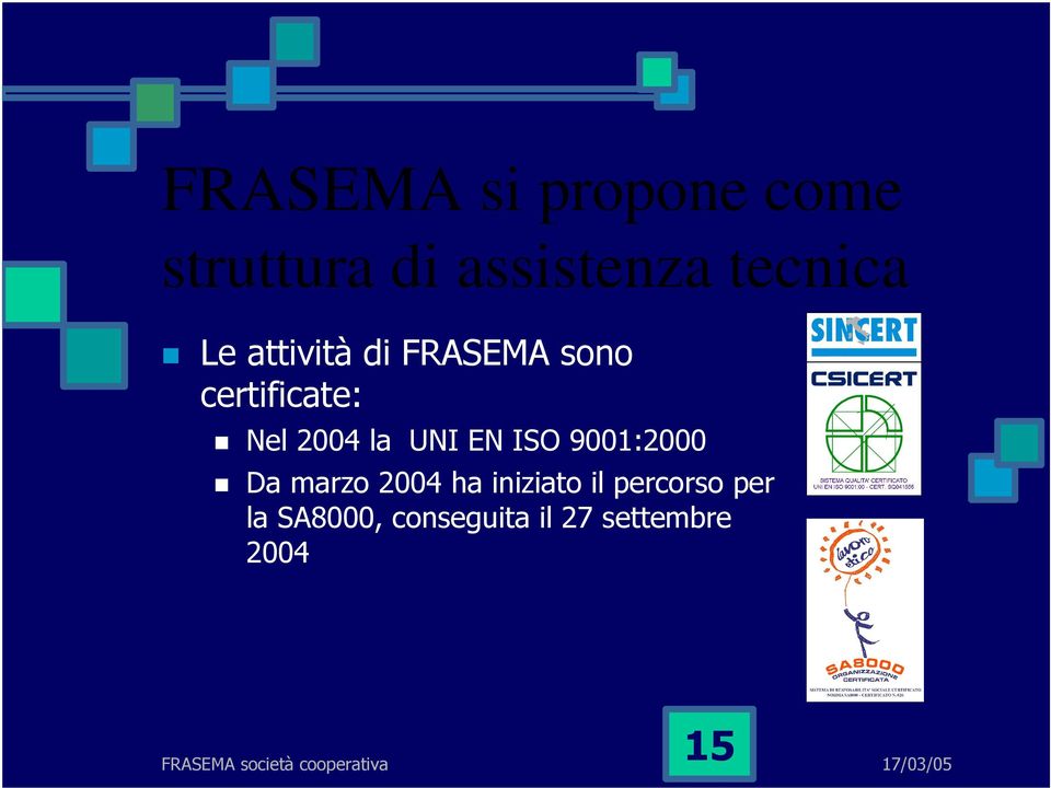 2004 la UNI EN ISO 9001:2000 Da marzo 2004 ha iniziato