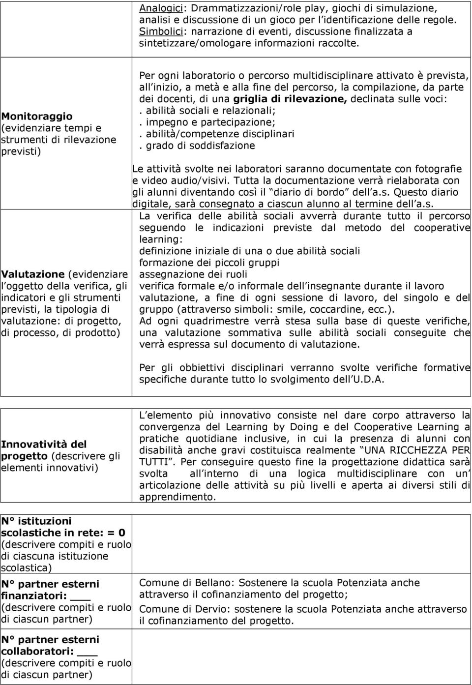 Monitoraggio (evidenziare tempi e strumenti di rilevazione previsti) Valutazione (evidenziare l oggetto della verifica, gli indicatori e gli strumenti previsti, la tipologia di valutazione: di