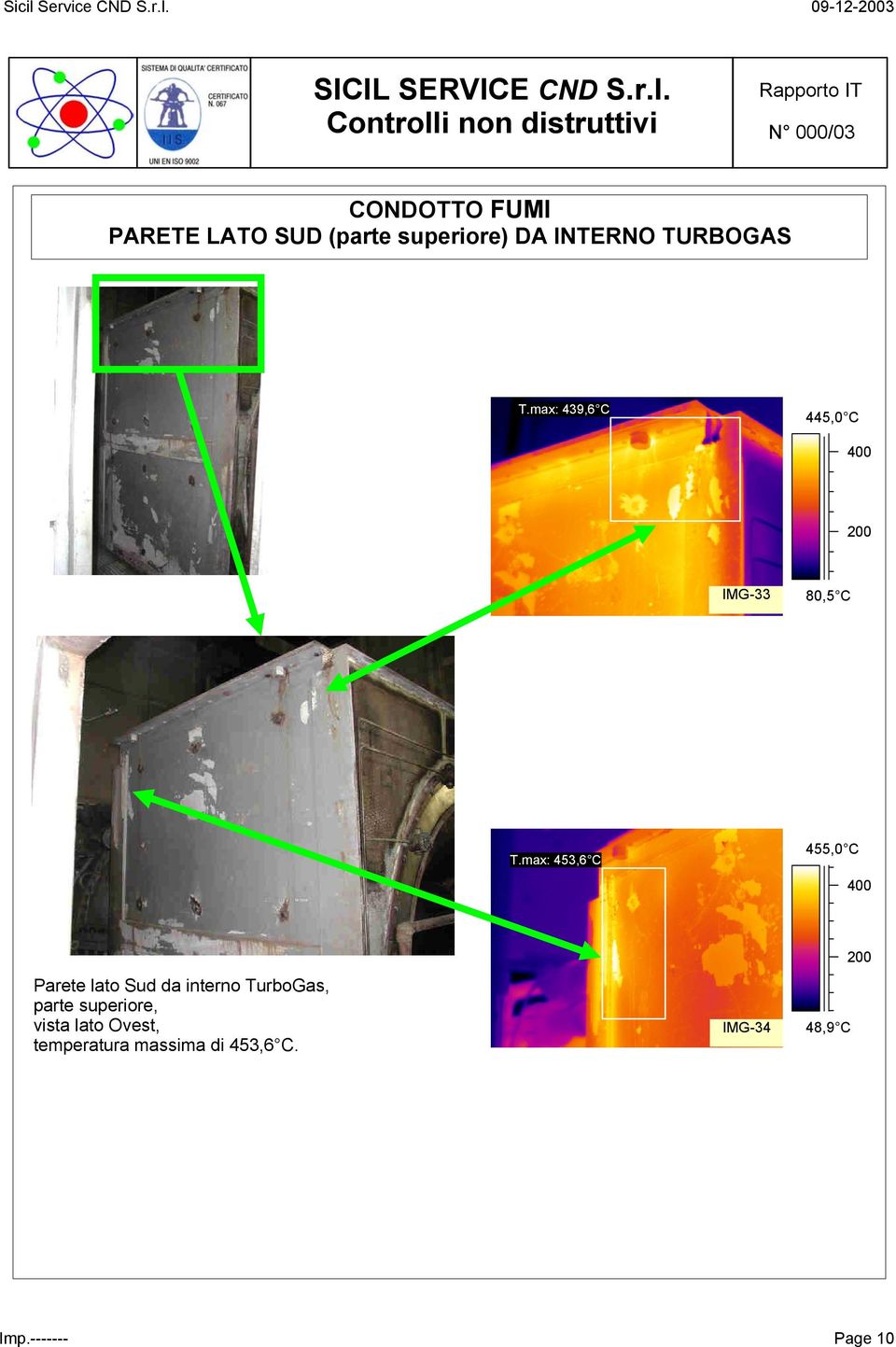 max: 453,6 C 455,0 C 400 Parete lato Sud da interno TurboGas, parte