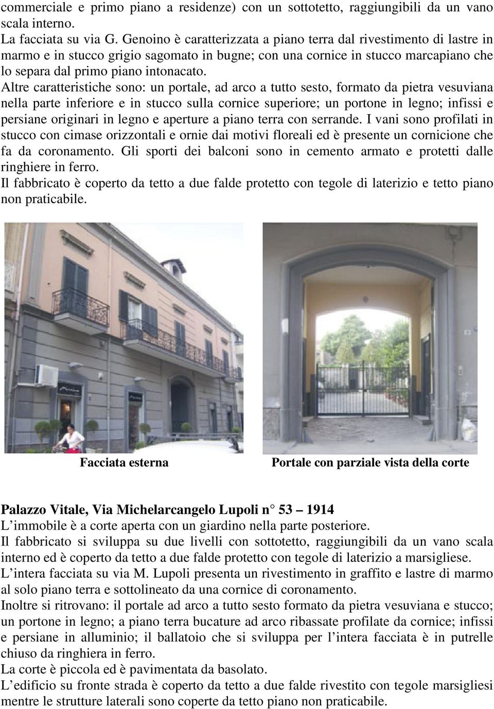 Altre caratteristiche sono: un portale, ad arco a tutto sesto, formato da pietra vesuviana nella parte inferiore e in stucco sulla cornice superiore; un portone in legno; infissi e persiane originari