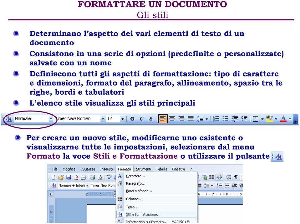 del paragrafo, allineamento, spazio tra le righe, bordi e tabulatori L elenco stile visualizza gli stili principali Per creare un nuovo