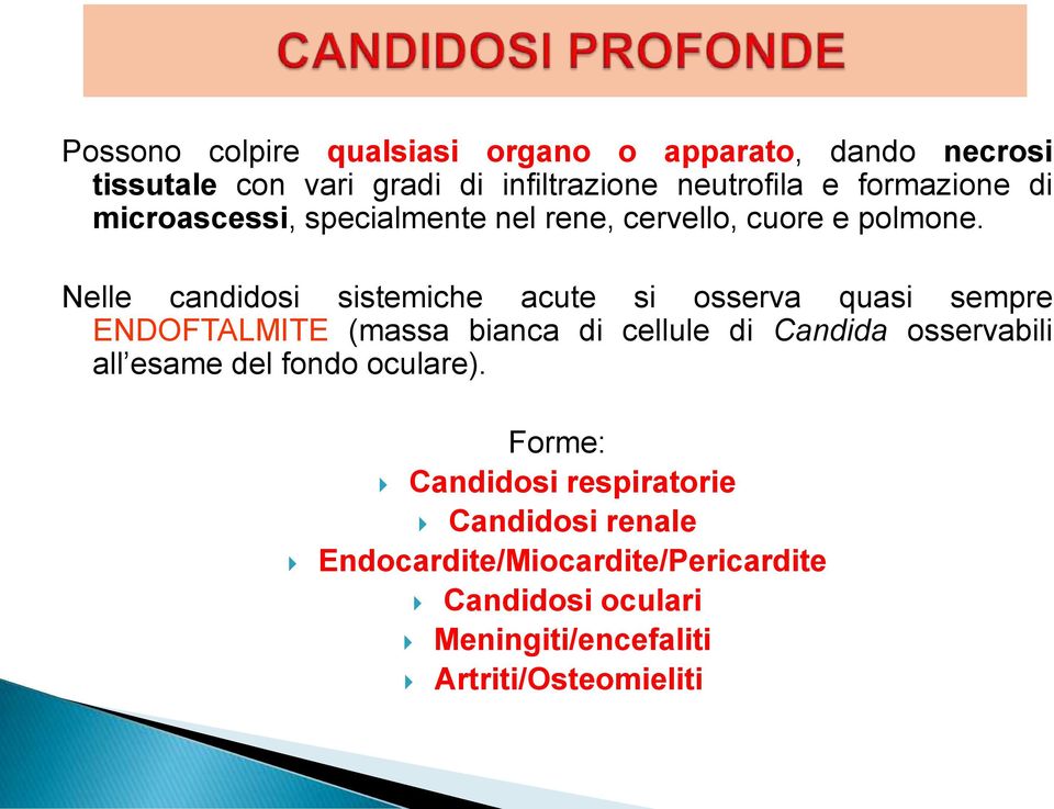 Nelle candidosi sistemiche acute si osserva quasi sempre ENDOFTALMITE (massa bianca di cellule di Candida osservabili