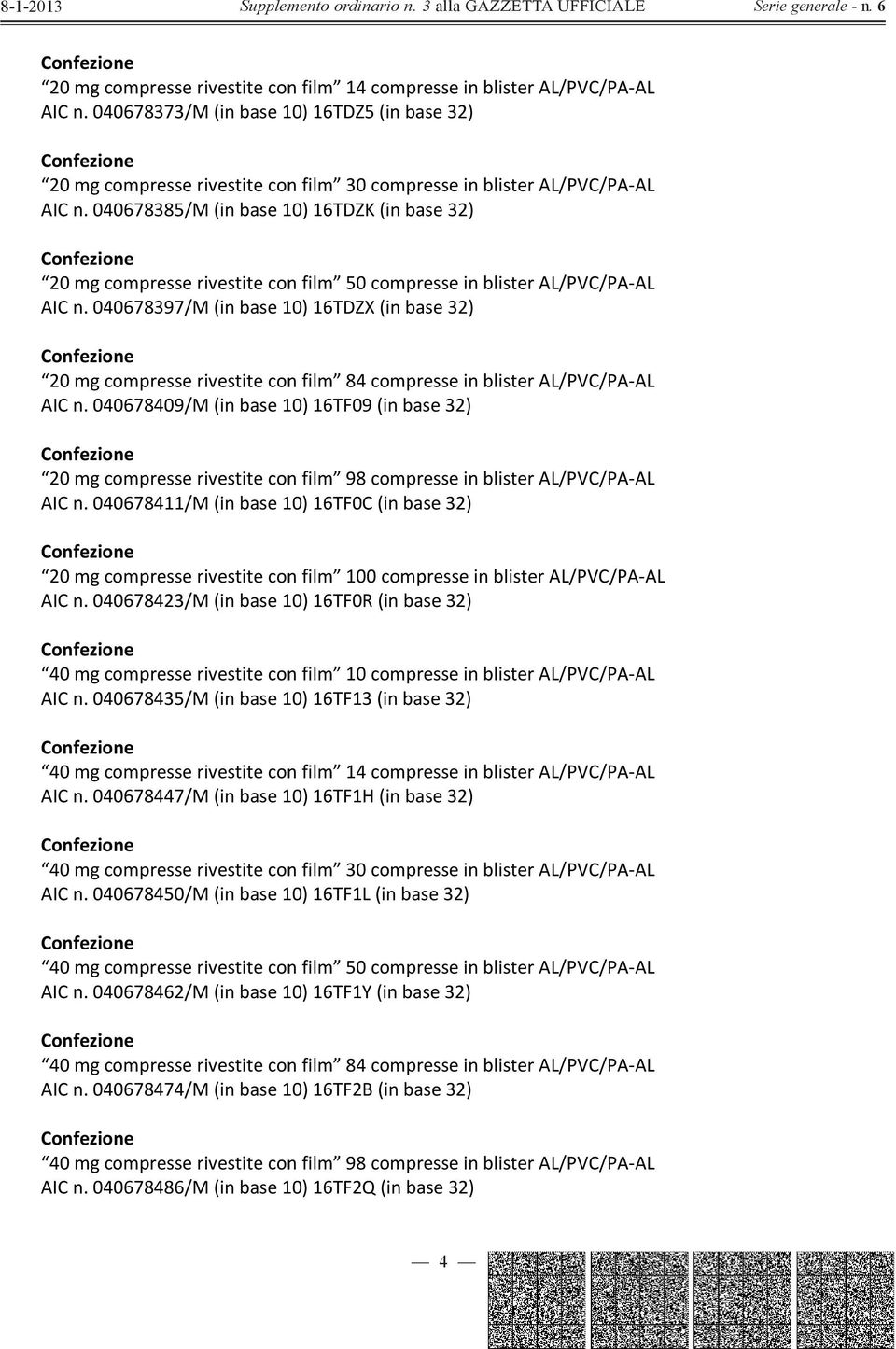 040678397/M(inbase10)16TDZX(inbase32) Confezione 20mgcompresserivestiteconfilm 84compresseinblisterAL/PVC/PAAL AICn.