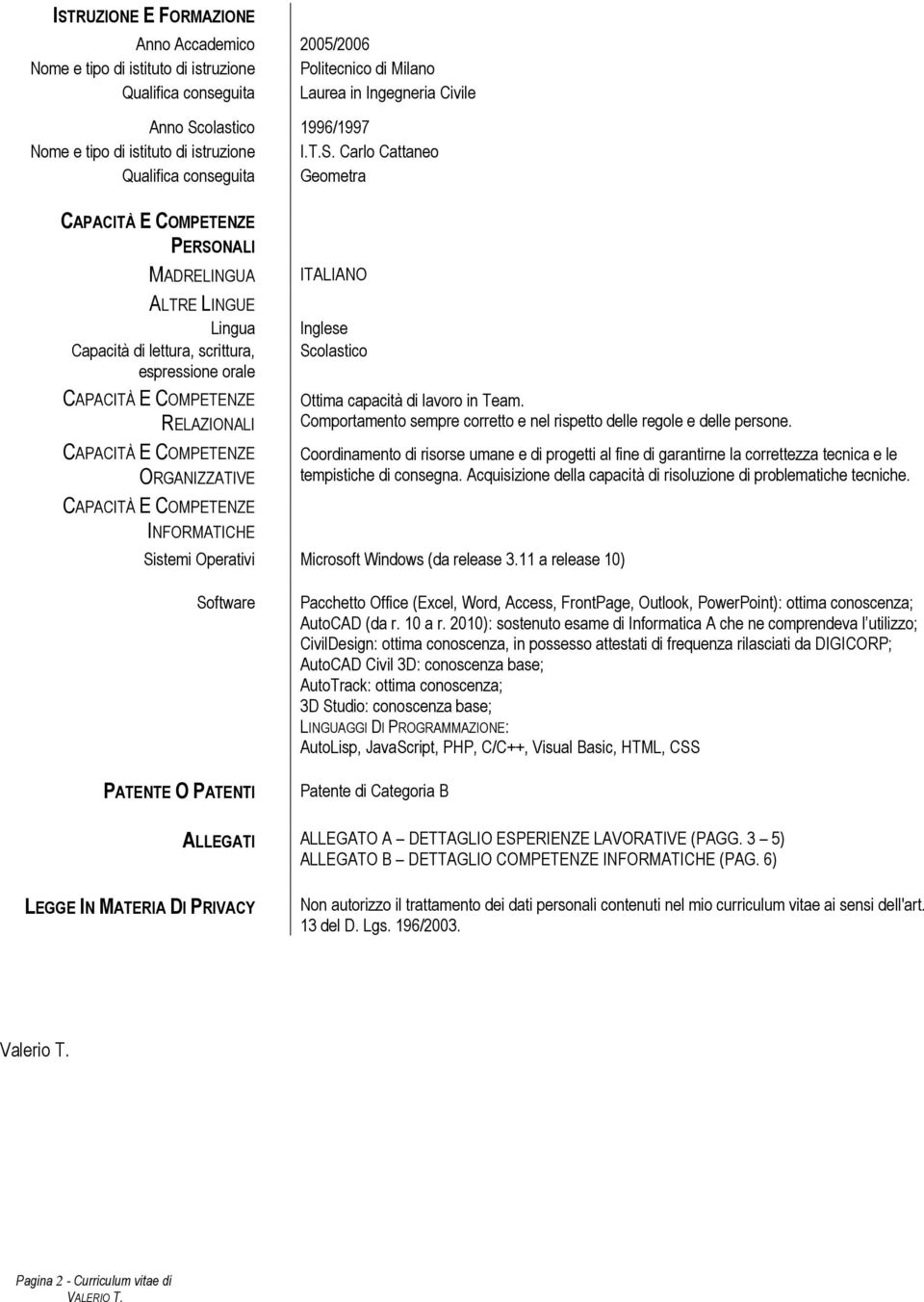 Carlo Cattaneo Qualifica conseguita Geometra PERSONALI MADRELINGUA ALTRE LINGUE Lingua Capacità di lettura, scrittura, espressione orale RELAZIONALI ORGANIZZATIVE INFORMATICHE ITALIANO Inglese