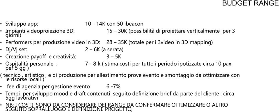 tecnico, artistico, e di produzione per allestimento prove evento e smontaggio da ottimizzare con le risorse locali ) fee di agenzia per gestione evento 6-7% Tempi per sviluppo mood e draft