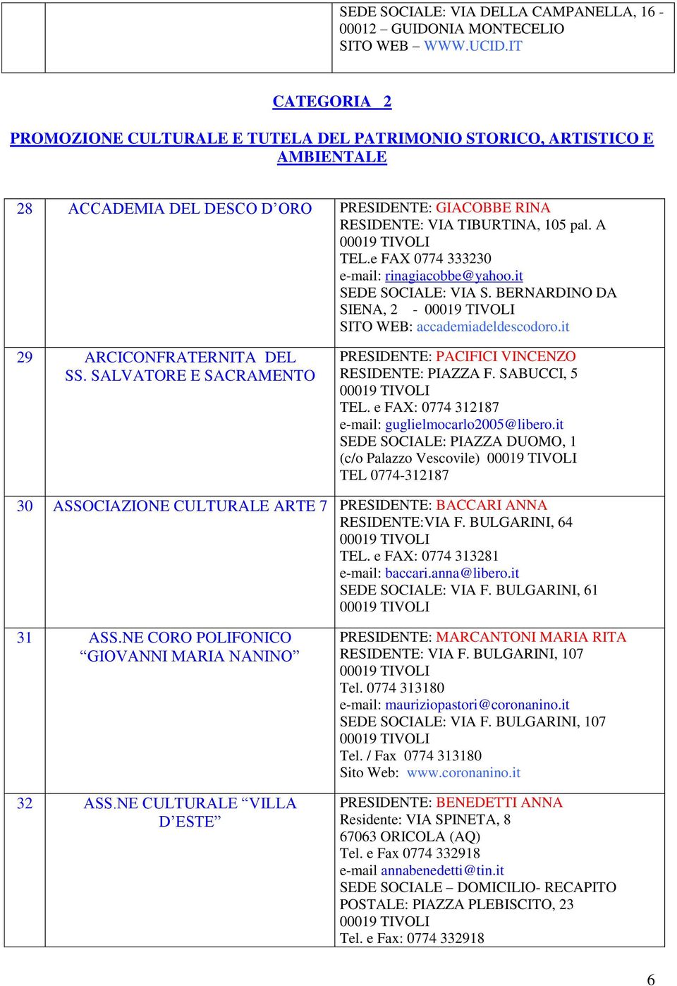 e FAX 0774 333230 e-mail: rinagiacobbe@yahoo.it SEDE SOCIALE: VIA S. BERNARDINO DA SIENA, 2 - SITO WEB: accademiadeldescodoro.it 29 ARCICONFRATERNITA DEL SS.