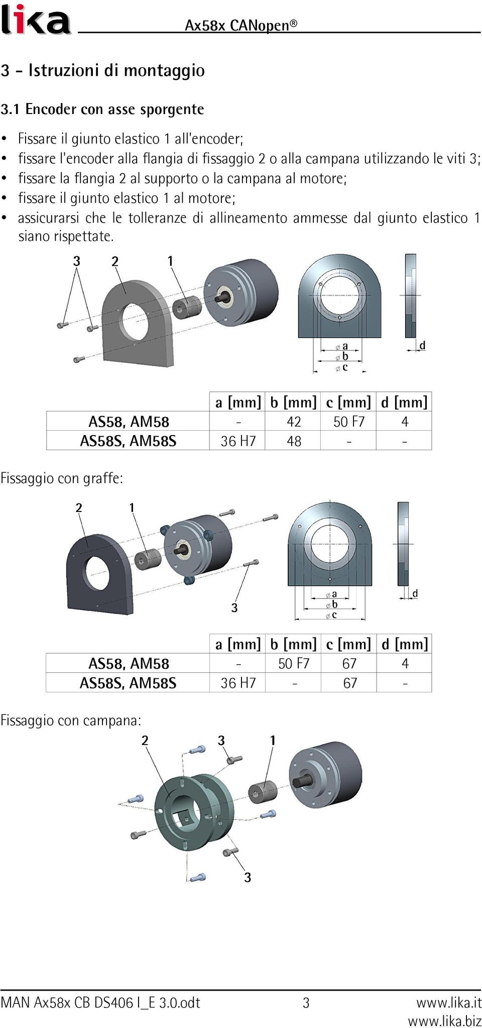 utilizzando le viti 3; fissare la flangia 2 al supporto o la campana al motore; fissare il giunto elastico 1 al motore; assicurarsi che le