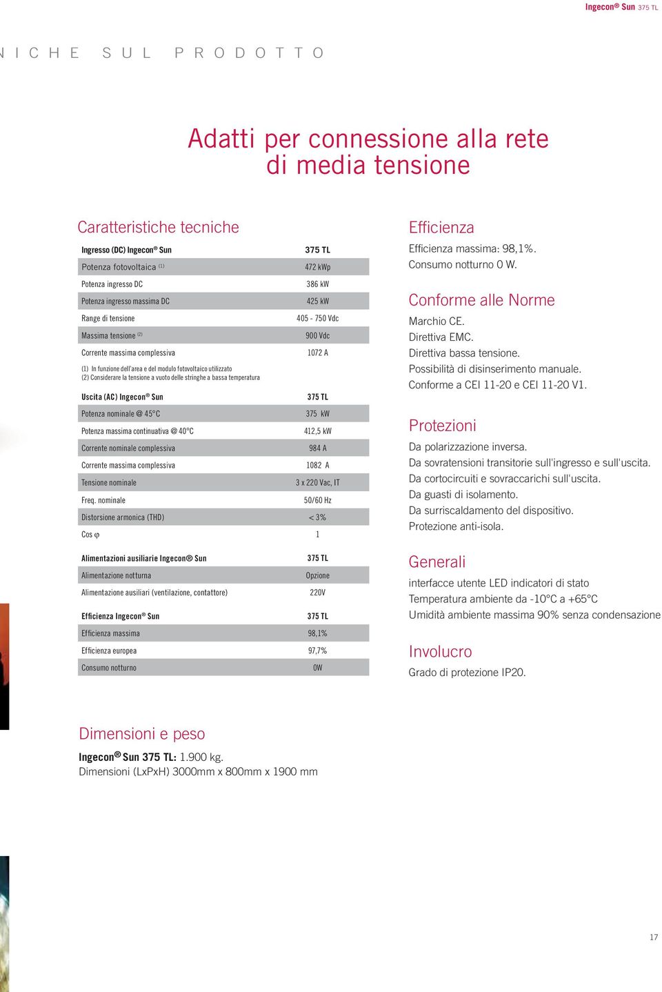 delle stringhe a bassa temperatura Uscita (AC) Ingecon Sun 375 TL 472 kwp 386 kw 425 kw 405-750 Vdc 900 Vdc 1072 A 375 TL Efficienza Efficienza massima: 98,1%. Consumo notturno 0 W.