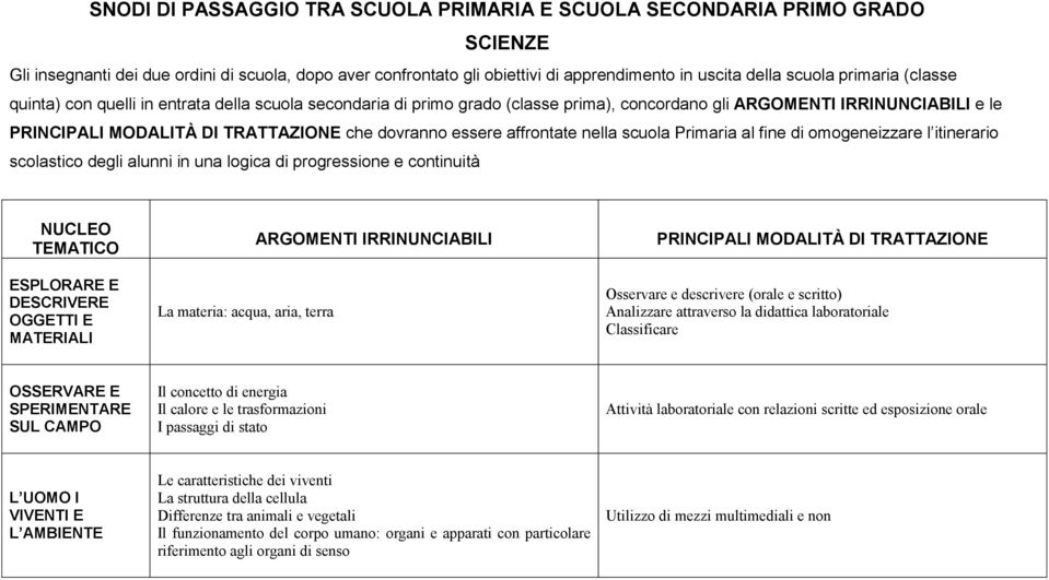 essere affrontate nella scuola Primaria al fine di omogeneizzare l itinerario scolastico degli alunni in una logica di progressione e continuità NUCLEO TEMATICO ESPLORARE E DESCRIVERE OGGETTI E