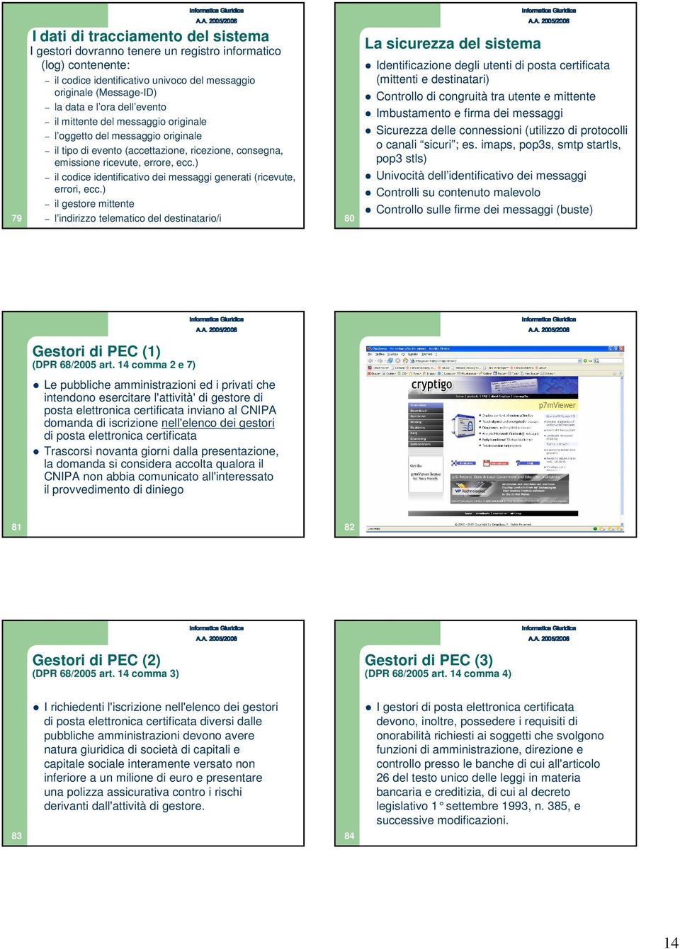 ) il codice identificativo dei messaggi generati (ricevute, errori, ecc.) il gestore mittente l indirizzo telematico del destinatario/i 80 Gestori di PEC (1) (DPR 68/2005 art.