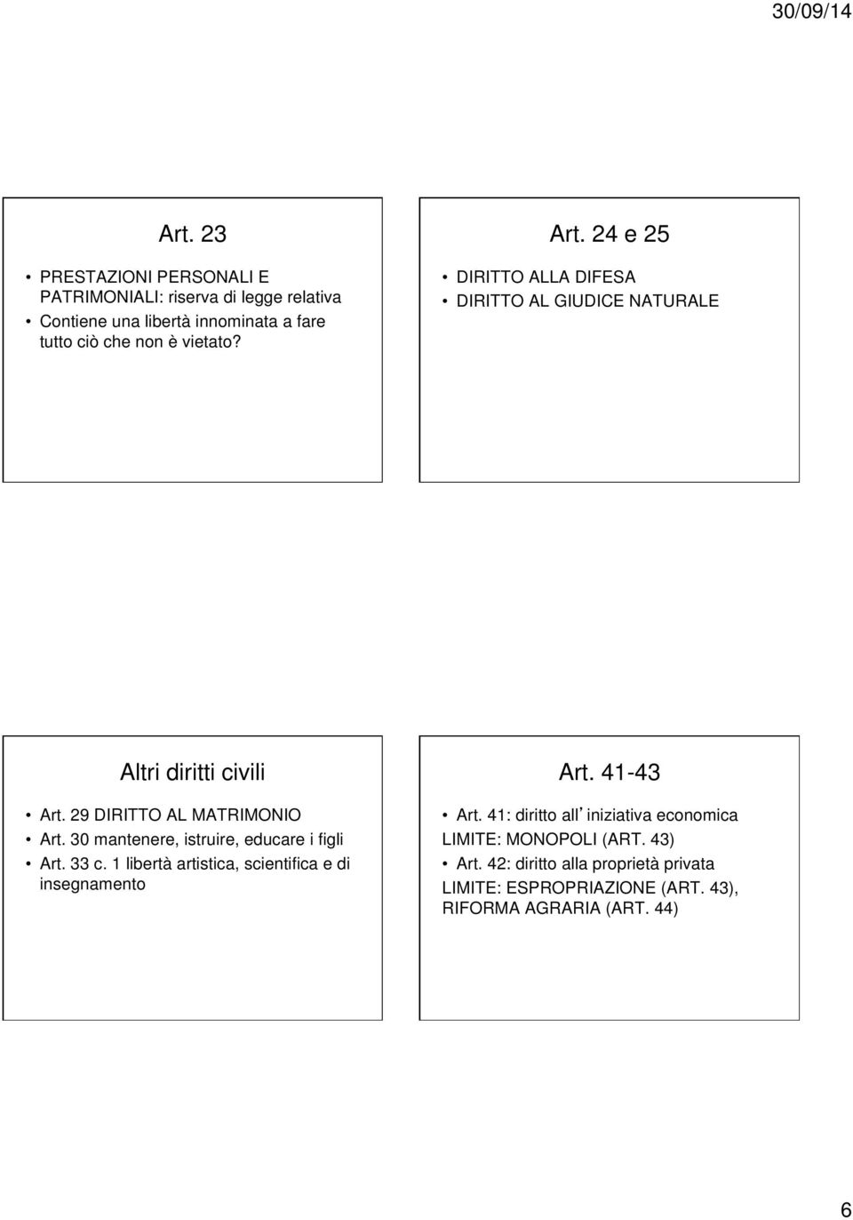 30 mantenere, istruire, educare i figli Art. 33 c. 1 libertà artistica, scientifica e di insegnamento Art. 41-43 Art.