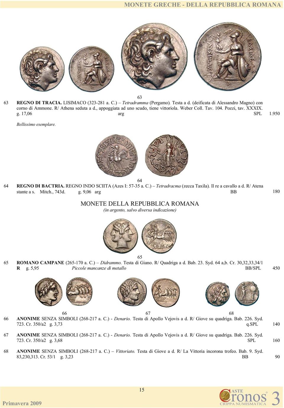 Il re a cavallo a d. R/ Atena stante a s. Mitch., 743d. g. 9,06 arg BB 180 MONETE DELLA REPUBBLICA ROMANA (in argento, salvo diversa indicazione) 65 65 ROMANO CAMPANE (265-170 a. C.) Didrammo.