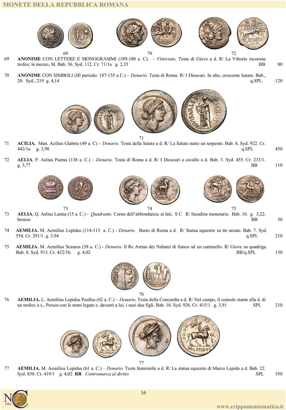 Acilius Glabrio (49 a. C) Denario. Testa della Salute a d. R/ La Salute nutre un serpente. Bab. 8. Syd. 922. Cr. 442/1a g. 3,98 q.spl 450 72 AELIA. P. Aelius Paetus (138 a. C.) Denario. Testa di Roma a d.