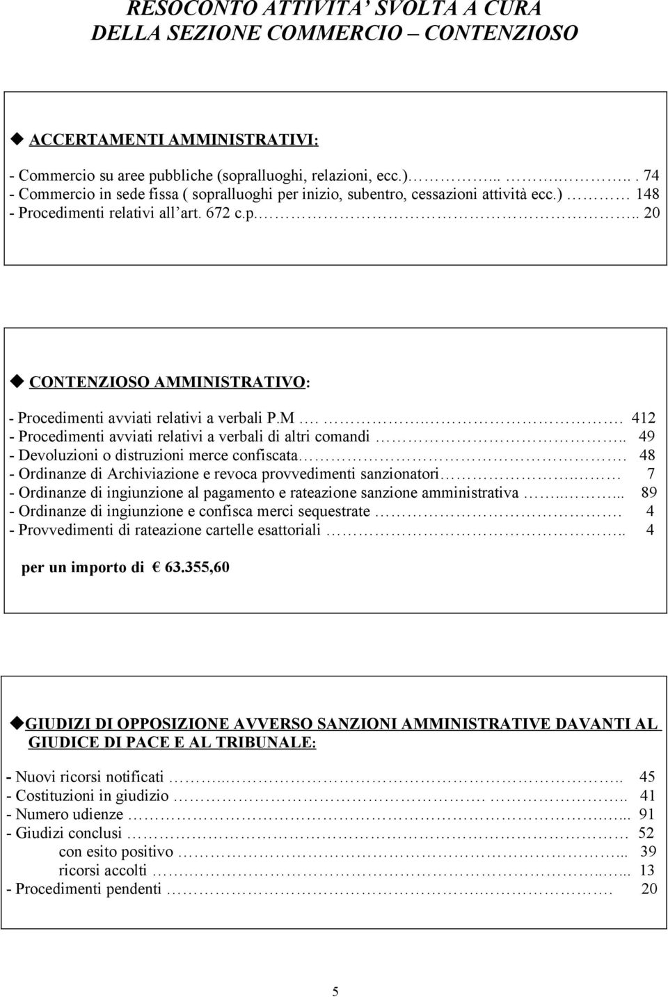 M... 412 - Procedimenti avviati relativi a verbali di altri comandi.. 49 - Devoluzioni o distruzioni merce confiscata. 48 - Ordinanze di Archiviazione e revoca provvedimenti sanzionatori.