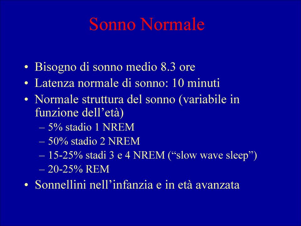 sonno (variabile in funzione dell età) 5% stadio 1 NREM 50% stadio 2