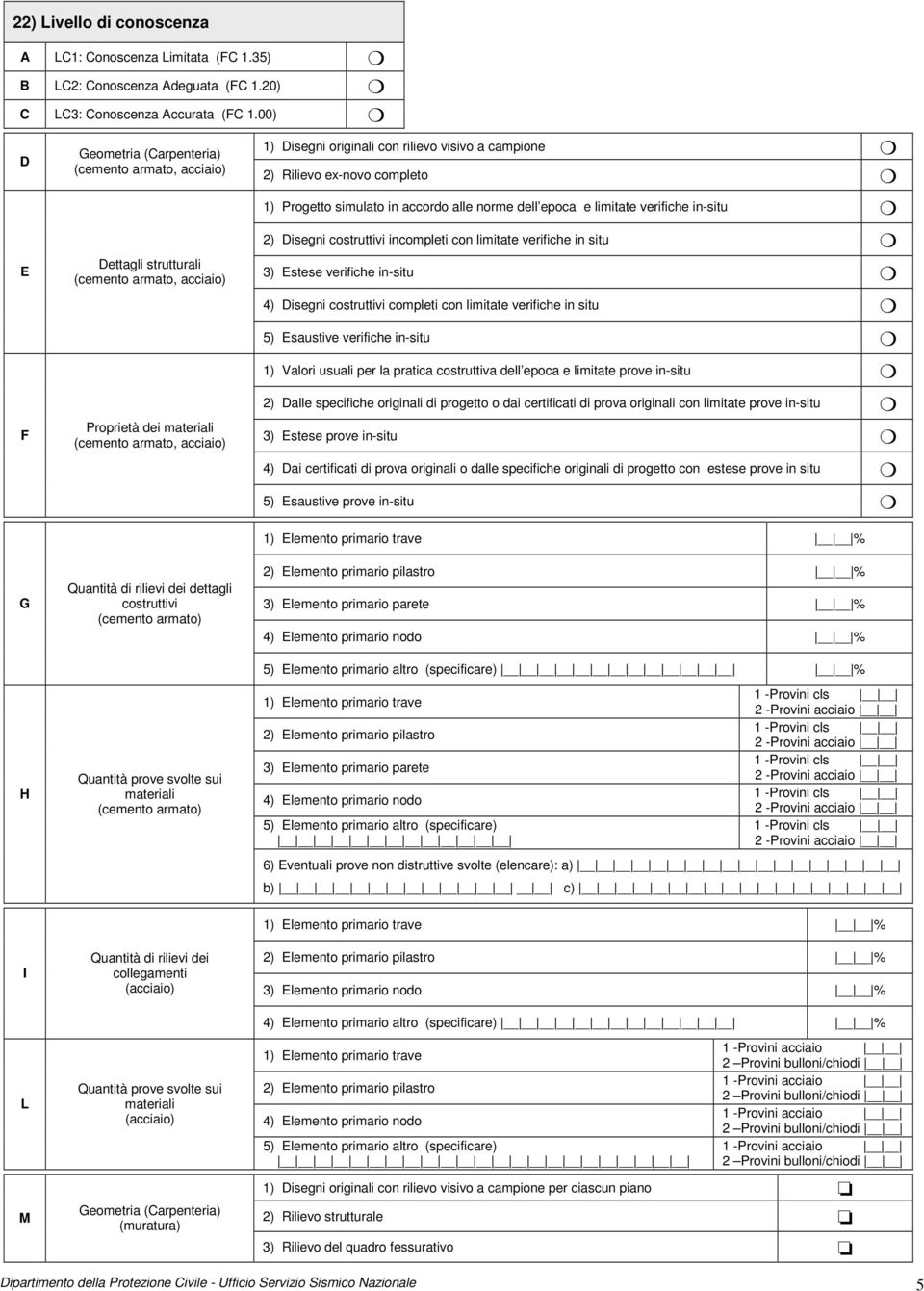 campione 2) Rilievo ex-novo completo 1) Progetto simulato in accordo alle norme dell epoca e limitate verifiche in-situ 2) Disegni costruttivi incompleti con limitate verifiche in situ 3) Estese