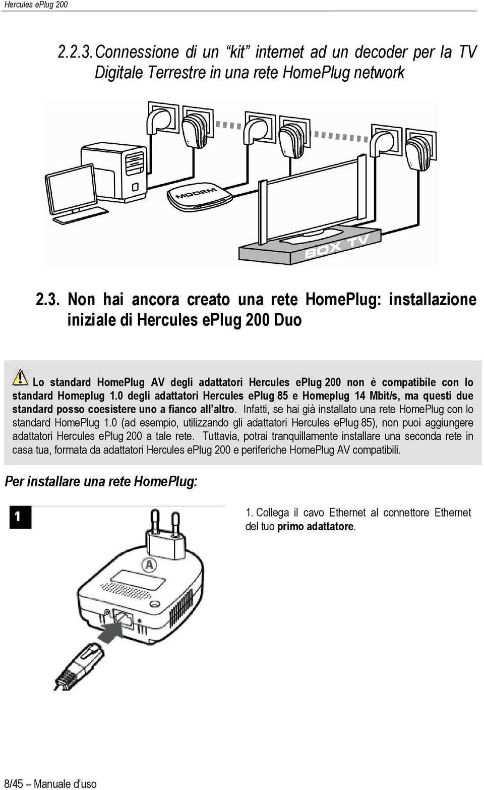 Non hai ancora creato una rete HomePlug: installazione iniziale di Hercules eplug 200 Duo Lo standard HomePlug AV degli adattatori Hercules eplug 200 non è compatibile con lo standard Homeplug 1.