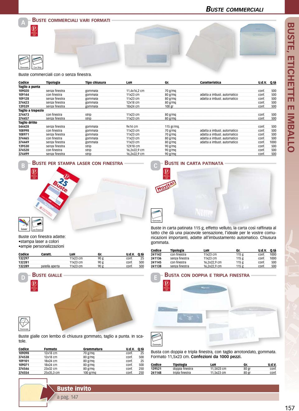 500 109128 senza finestra gommata 11x23 cm 80 g/mq adatta a imbust. automatico conf. 500 374423 senza finestra gommata 12x18 cm 80 g/mq conf. 500 139539 senza finestra gommata 18x24 cm 100 gr conf.